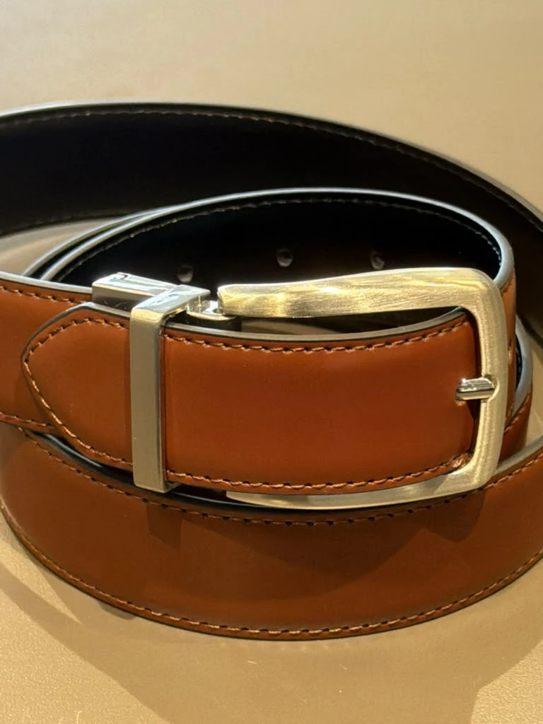 Brown leather belt and buckle at Modern Suit & Dress